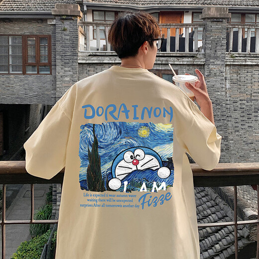 Zhiwei Doraemon pure cotton short-sleeved T-shirt for men in summer Tinker Bell new heavyweight loose dolom cat half-sleeved trendy top T688 sky blue 2XL [recommended 150-170Jin [Jin equals 0.5 kg]]
