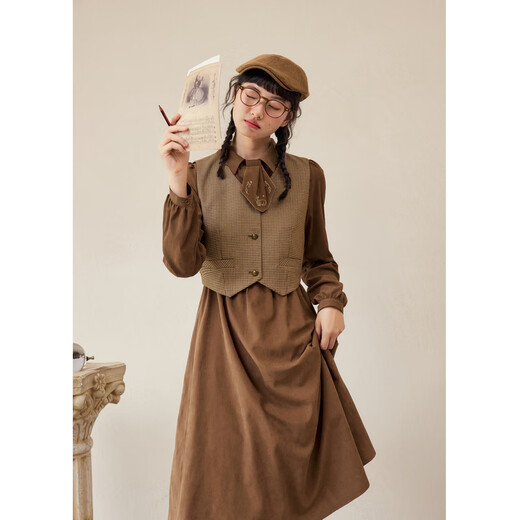 Zihan (ZIHAN) Zihan Maillard retro plaid vest dress two-piece women's autumn suit skirt coffee color S