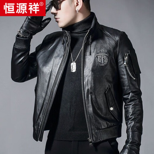 Hengyuanxiang head layer genuine leather leather jacket men's handsome motorcycle slim leather jacket spring and autumn short stand collar flight suit black plush XL 175 suitable for 130-145Jin [Jin equals 0.5 kg]