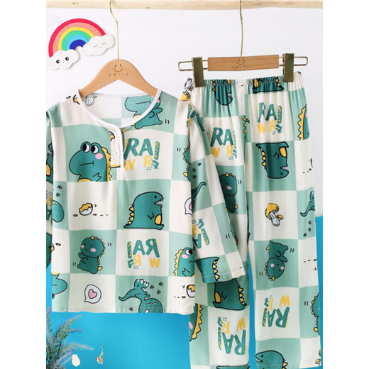 Ultraman boys pajamas in spring and autumn long sleeve cotton silk thin children's little boy air conditioning clothes big children's home clothes 2025 new model hot sale double-long dinosaur truck 140 140cm