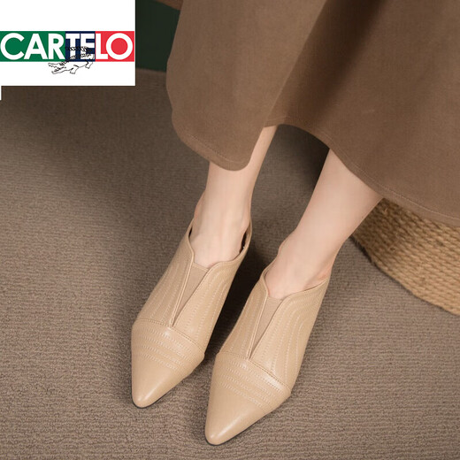 
CARTELO genuine leather deep mouth single shoes for women 2025 new autumn and winter new pointed high heels thin heels small nude boots Martin boots leather shoes apricot color 37