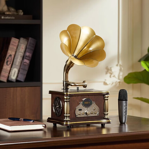 Otieno Antique Vinyl Phonograph Decoration Mini Rechargeable Bluetooth Speaker Retro Birthday Gift Home Ornament Microphone Version Brown Plug-in Rechargeable Free Music USB Disk