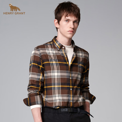 HENRY GRANT Henry Grant shirt long-sleeved coat top lapel men's autumn slim fit autumn plaid coffee color (QSC244170U211) 46 (170/88A)