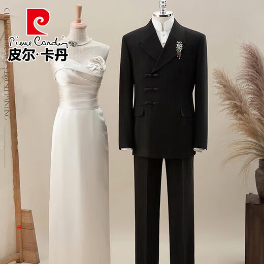 Pierre Cardin New Chinese tunic suit stand collar engagement groom suit men's wedding national style suit men's knitted jacket 2402 jacket + pants XL