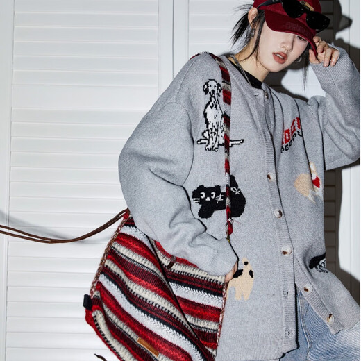 ICH MODE American knitted cardigan women's autumn and winter 2025 new sweater jacket top lazy style gray M