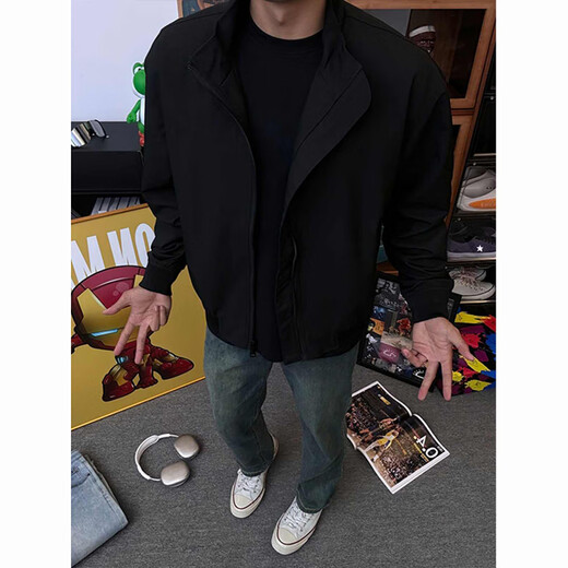 POUM美式教练夹克外套男秋冬款软壳冲锋上衣立领cleanfit飞行员棒球服 CLH-Y6629黑色 L