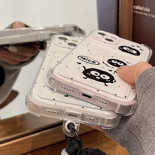 麦巴盾可爱卡通黑色泼墨煤球iphone15手机壳适用苹果14promax卡包卡套插卡13pro手提挂绳链条全包防摔女 壳+煤球挂绳 iphone15
