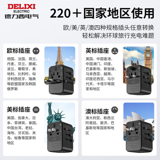 
DELIXI Global Universal Converter Plug/Socket Converter Travel to multiple countries UK Singapore Hong Kong Europe UK European Standard US Standard Australian Standard Japan applicable to no switch