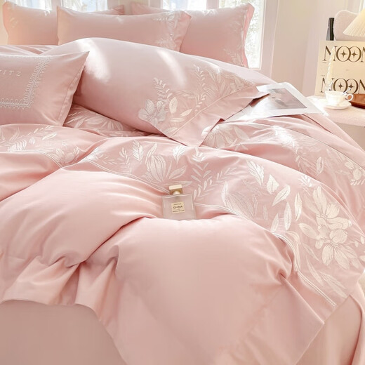 Mercury Series Class A light luxury style Xinjiang long-staple cotton four-piece pure cotton embroidered quilt cover pure cotton simple fitted sheet high-end bedding maternal and infant grade A class cotton (pink) 1.8m bed sheet style four-piece quilt cover 200x230cm