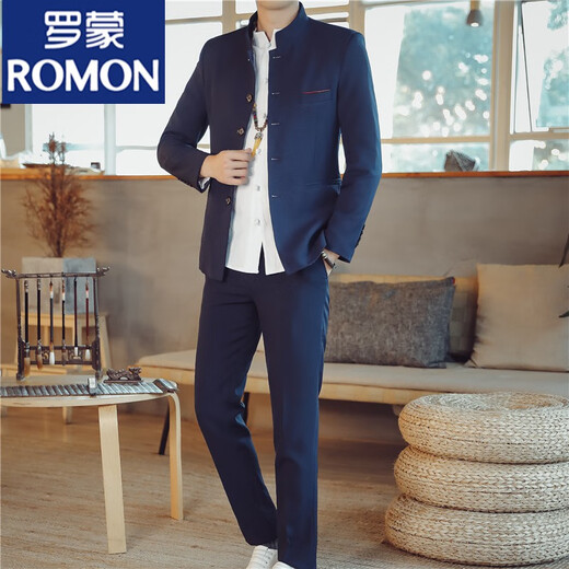 罗蒙（ROMON）中山装男青年中华立领西服套装男士唐装休闲外套男春秋季结婚礼服 107灰白色上衣+衬衫+裤子 XL