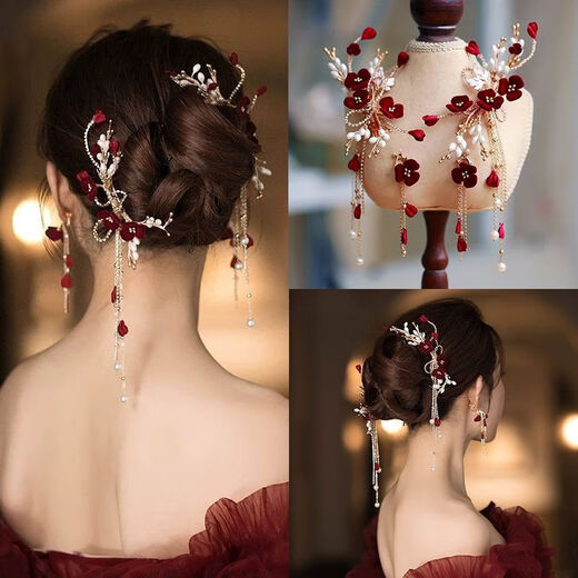 Lingchuan Xiuhe tiara bridal toast clothing female Xiuhe clothing Chinese hair accessories red simple and elegant bow FD067 wine red pair clip + ear clip