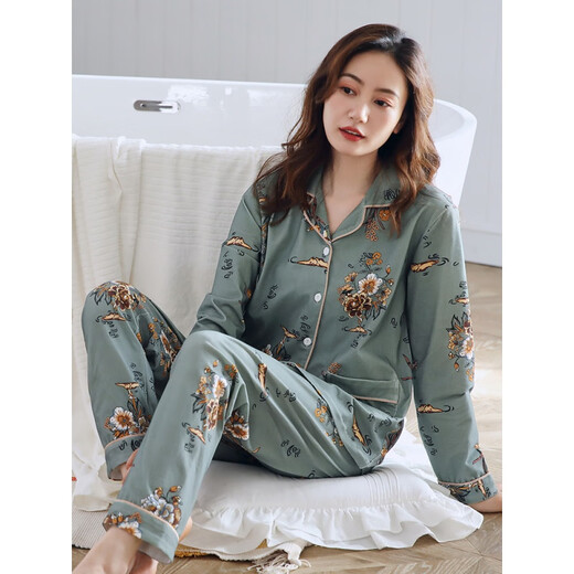 恒源祥（HYX）睡衣女春秋款长袖纯棉中年妈妈秋季全棉女士家居服春夏季薄款套装 XEQ-9215 2XL (175)