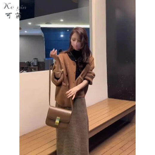 可茵（Keyin）小香风连衣裙套装女2025年秋冬新款美拉德穿搭针织毛衣外套裙子女 针织外套+半身裙 XL