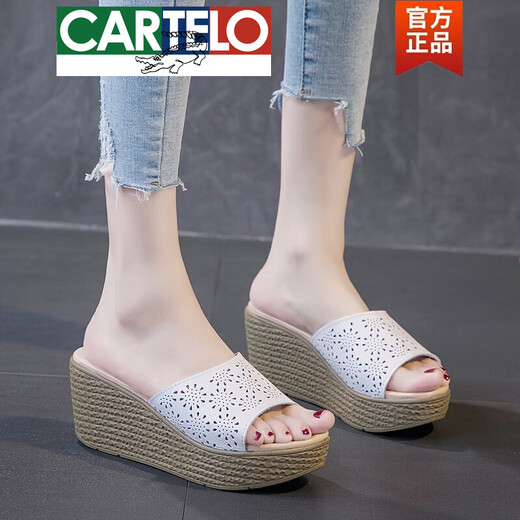 Cartelo High-End-Sandalen für Frauen Sommer 2025 Neue Hohlschiff-Flip-Flop Echtes Lederschwamm Kuchen Sohle Verschleiß dick-locked hochhackiger Hausschuhe A6210 Black 35