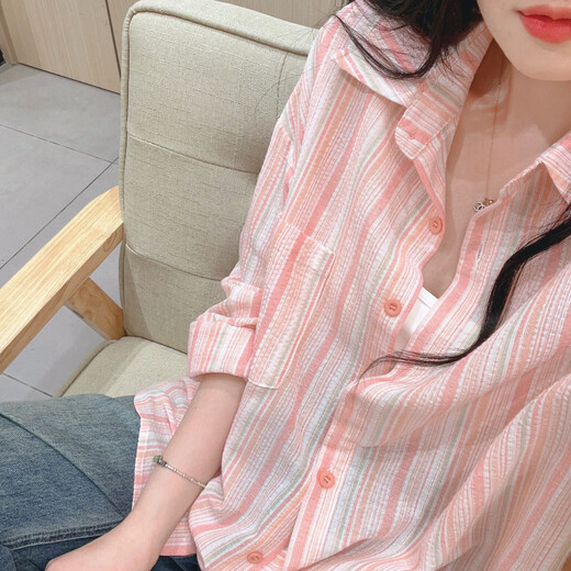 Striped cotton and linen shirts for women in spring and autumn, casual loose sunscreen long-sleeved shirts, thin tops, autumn jackets, trendy orange stripes M (95-130Jin Jin equals 0.5kg)