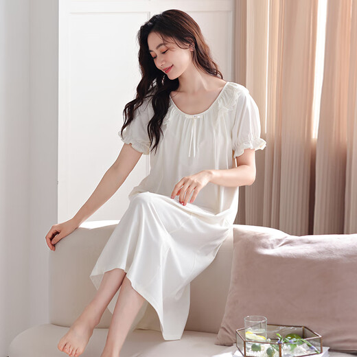 LangSha nightgown for women in summer pure cotton thin short sleeves with chest pads for home clothes for women sweet princess style can be worn outside dress 702 meters white (with chest pads) M[155-160cm/90-110Jin[Jin equals 0.5 kg]]