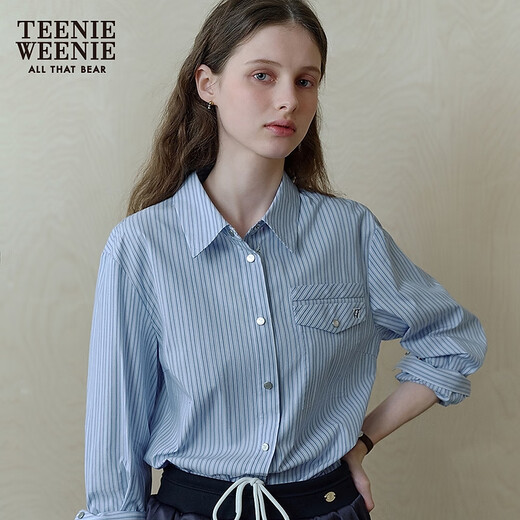 
Teenie Weenie Bear Women's Shirt 2025 Autumn New Simple Casual Commuter Solid Color Striped Shirt Blue M