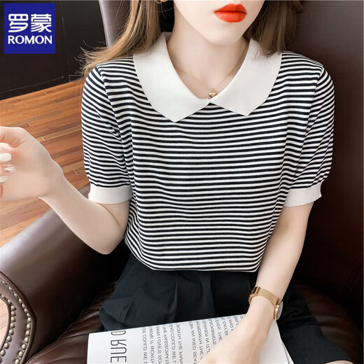 Romon striped doll collar short-sleeved T-shirt for women 2025 summer new ice silk sweater thin small age-reducing top DX691# yellow M Recommended 100-120Jin [Jin equals 0.5 kg]