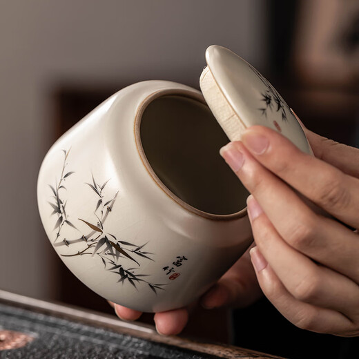 Porcelain brand tea set, Ru kiln tea set, household high-end ceramic split teapot, covered bowl, teacup, complete set of Kung Fu tea set, rich bamboo handle teapot, covered bowl, 8 cups, 13 pieces + Tao jar for washing dishes