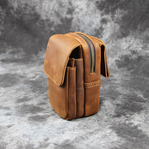 Kangaroo Crazy Horse Leather Belt Bag Men's Cowhide Multi-Function Small Bag Pendant Bag Genuine Leather Cigarette Bag Cell Phone Bag Wearing Belt Men's Bag Brown