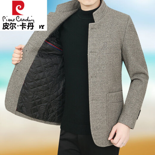 皮尔卡丹专柜大牌中年男士毛呢外套男秋冬季加厚羊毛呢夹克男加棉商务休闲 深灰色 CR款立加棉 175 适合体重115-130斤