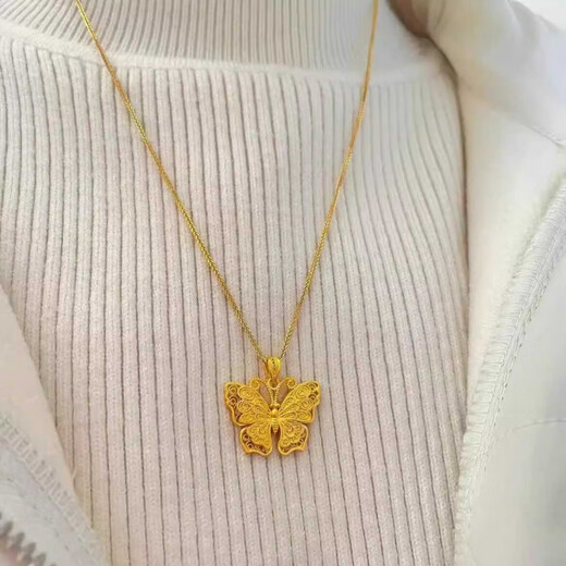 Yadige plated 24K gold ancient Chinese style filigree double layer three-dimensional butterfly pendant, feminine and versatile 999 clavicle chain gift filigree butterfly pendant + o-shaped chain