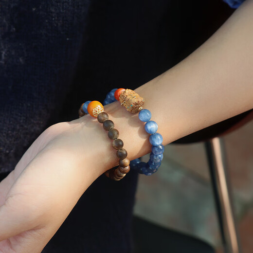 Yilan New Chinese style natural blue crystal heather Nanhong Laoshan sandalwood bracelet New Year good luck rice bracelet hand circumference 13-14cm