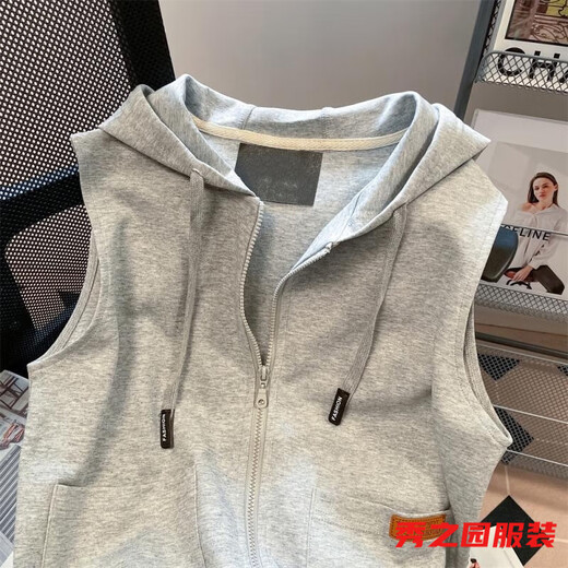 Van Zheshas neue ärmelloses Weste Sweatshirt für den Frühling, Frauen mit Kapuze -Strickjacke für Frauen koreanische Style Reißverschluss Nische Top 841 Grau vertikaler Pferd Clip XL 175