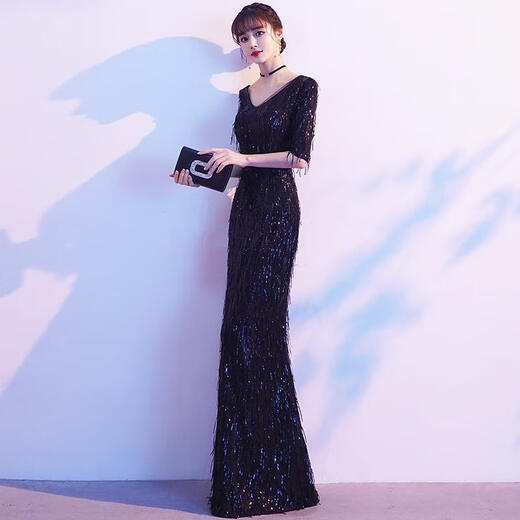 Wenmi evening dress for women 2024 new high-end temperament black sequin hosting performance dress light luxury annual party dress fishtail skirt black M
