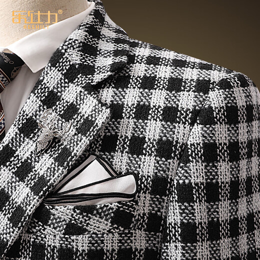 
RESHILY wool suit men's jacket trendy double-breasted black and white plaid suit fashionable casual and long single western thick style, rough black and white plaid single suit 180/XL/52 (weight 135-150Jin [Jin equals 0.5 kg])