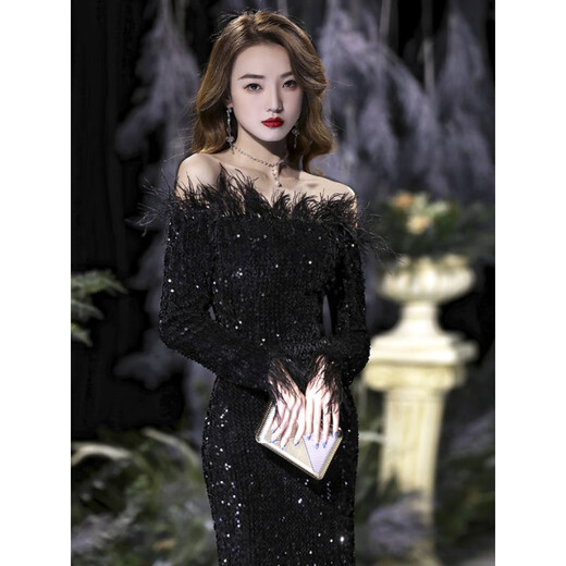 Chuangjing Yixuan Annual Meeting Dress for Women High-end Sequin Evening Dress for Women One Shoulder Sexy Long Sleeve Mermaid High-End Light Luxury Niche Black 2XL