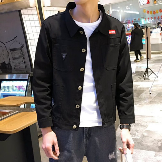 工装夹克男士黑色牛仔外套男韩版潮流宽松春季牛仔衣ins火春秋 黑色-一木森-L03 XL  【建议130-145斤】