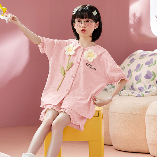 曼妮朵女童睡衣夏季纯棉小女孩新款儿童家居服宝宝开衫短袖短裤套装薄款 B4877绿【双短】 100cm 8码建议100-105cm