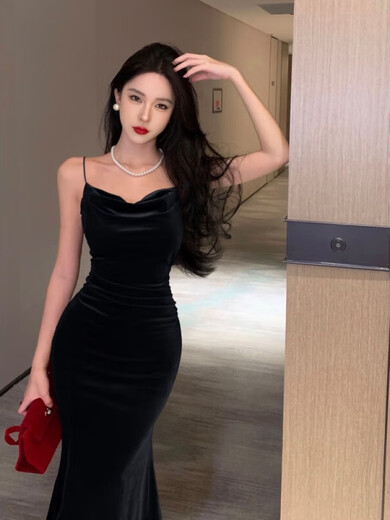 
Simplified 2024 new French retro velvet waist tight slit hip suspender skirt inner long skirt 9737-Brew Red Wine Red m