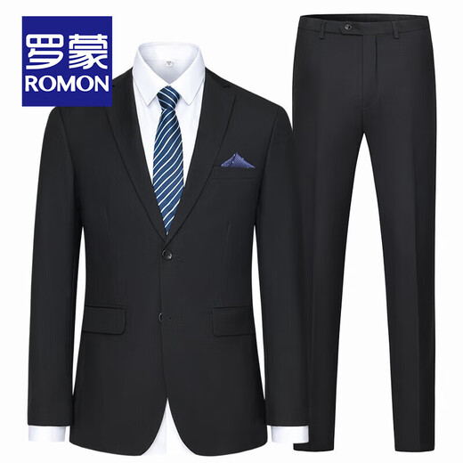 ROMON high-end customized suit suit, men's slim-fitting professional formal suit suit, business groomsmen suit, groom suit, wedding suit, double-button black (suit + trousers + shirt) XL size (plus 8 gifts)