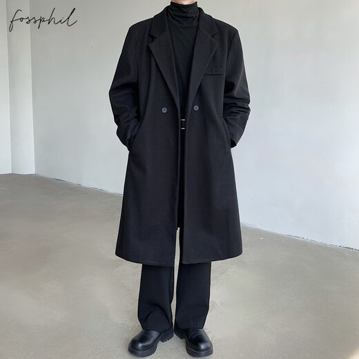 Foss Phil woolen coat men's autumn and winter trendy brand loose black high-end mid-length windbreaker jacket J251 black L