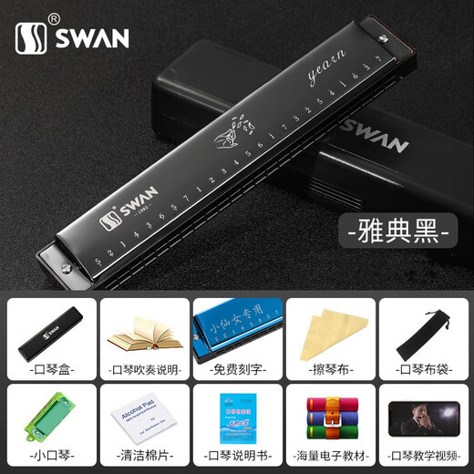 Swan (SWAN) 24-Loch-Einton-Mundharmonika in C-Tonart für Kinder und Grundschüler. Einsteiger-Mundharmonika mit Notenschrift. 24-Loch-Einton-Mundharmonika in C-Tonart. Schwarz + Komplettset für Einsteiger.