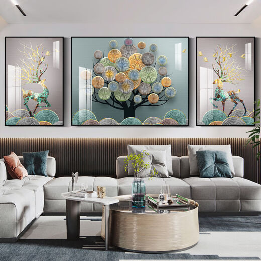 铃桐发财福鹿客厅装饰画简约现代三联挂画墙画欧式轻奢沙发背景墙壁画 15269-1-2-3NX黑框*] 边40*60中80*60布纹膜A