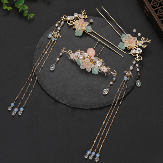 Bai Qixin's Hanfu headdress, tassels, rocking hairpins and earrings, a complete set of ancient style pair clips, super fairy hair accessories, clips, ancient costume decorative accessories, gold flower hair accessories set - ear clips and ear hooks