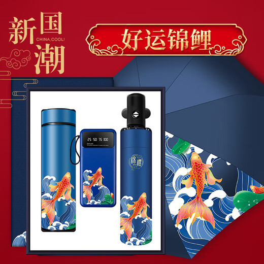 禾伴毕业礼物实用伴手礼水杯子保温杯礼盒纪念品商务礼品送客户可定制 锦鲤套装 蓝-保温杯+雨伞+充电宝 退休纪念品礼物可定制logo