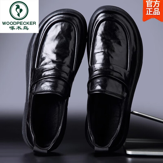 Woodpecker soft sheepskin shoes for men, genuine leather feet, wide toe, formal business men's shoes, thick sole slip-on casual loafers, black 41