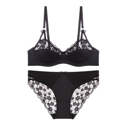 Carey Kay French underwear women's thin large breasts show small breasts push-up half cup sexy French lace low-cut bra set sweet pink set (bra + panties) 36/80B