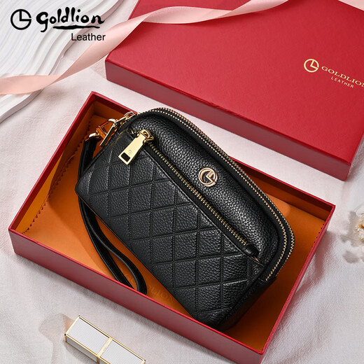 Goldlion Women's Bag Genuine Leather 2025 Summer New Fashion Clutch Zipper Large Capacity Coin Purse Mobile Phone Bag Women's Wallet Black