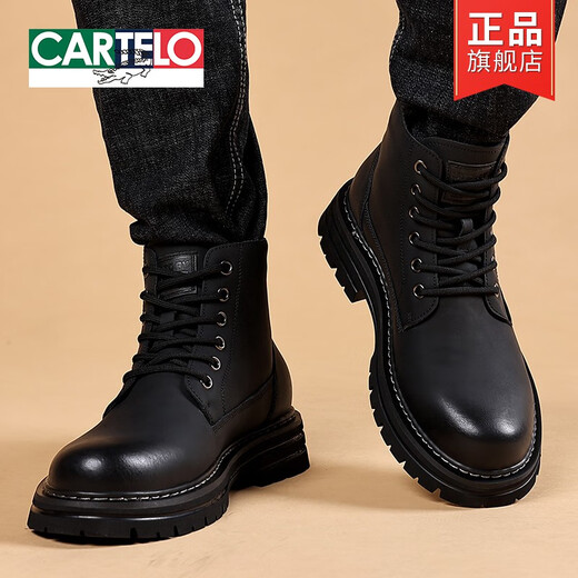 Cartelo Spring and Automne Martin Boots Men's 2025 Nouveau cuir haut toit épais semelles masculines Boots British Style Boots Warm and Fleece Boots Black 41