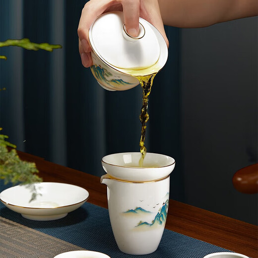 Eight Thousand Lines Tea Set Complete Set of High-end Ceramic Kung Fu Tea Set Suet Fat Jade Covered Bowl Father's Day Birthday Gift for Men Retirement