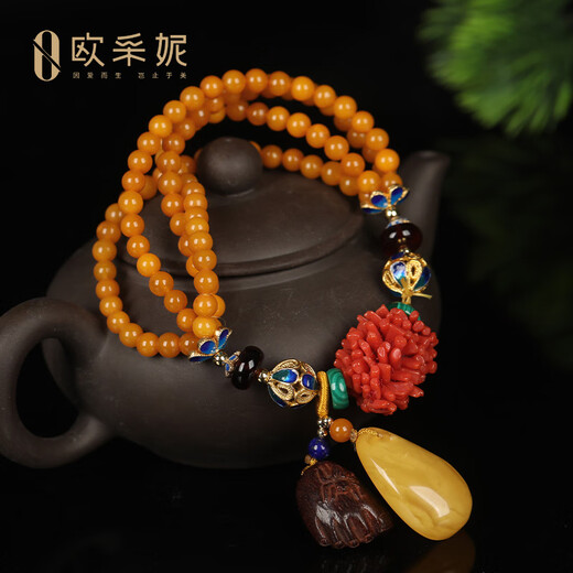 Ouchini beeswax bracelet, natural amber raw stone, old wax amber, cloisonné enamel, blood amber lapis lazuli, women's model, gift for mother, one item, one certificate, supports re-inspection