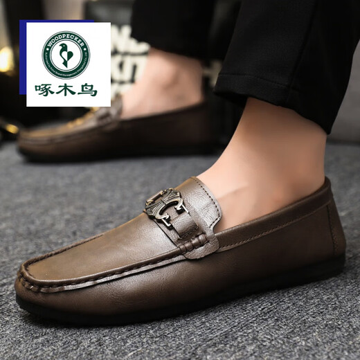 Woodpecker Chaussures masculines en cuir authentique, chaussures de petite cuir noires, une touche de chaussures à la mode, surface en cuir, chaussures de haricots décontractées pour hommes, mocassins pour hommes, YL-D878 Black Flagship Model 44