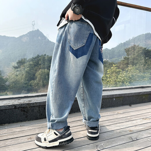 McTicco Children's Osome Jeans Jungen Frühlings- und Herbsthosen 2025 Neue Frühlingsanzug mittel- und großer Kinder Jungen Straight Hosen Frühling 13077 Blau [Frühlings- und Herbststil] 130 cm
