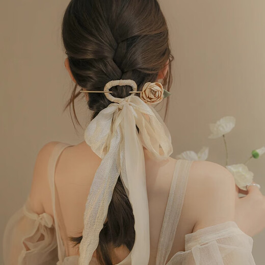 Yinyu Super Fairy Mesh Streamer Flower Hairpin Ancient Style Hairpin Temperament Bow Headdress High-end Headband Hair Accessory Beige