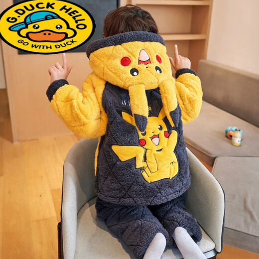 G.DUCKKIDS小黄鸭皮卡丘儿童睡衣男童冬季珊瑚绒加厚中大童三层夹棉法兰绒家 【三层夹棉】LDR9922皮卡丘 14码【高125-135CM重45-50斤】(1